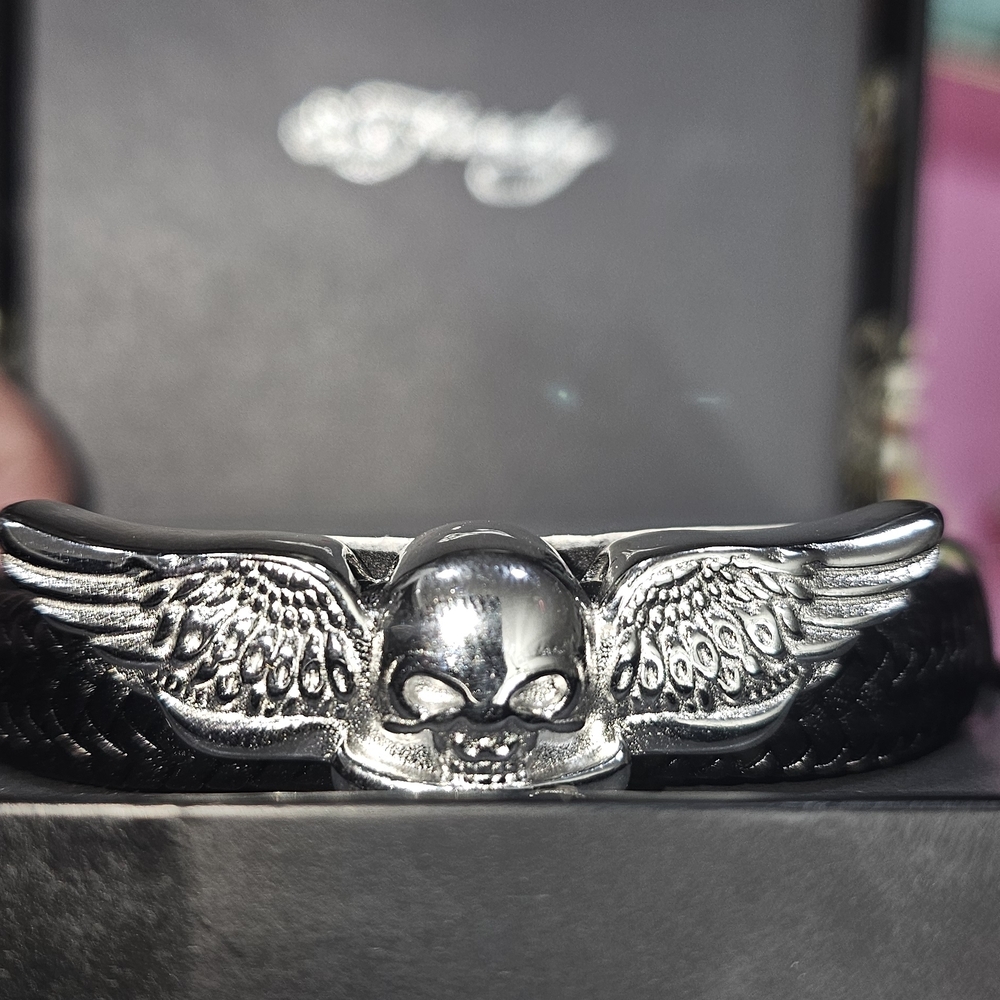 Ed Hardy Stainless Steel Silver Skull With Wings Black Leather Bracelet 8.5" New